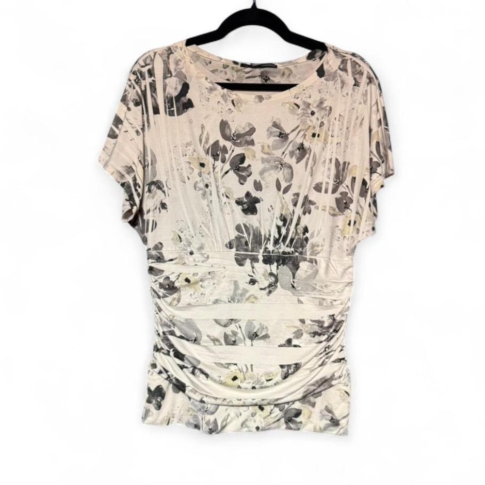 Y2K Maurice's Floral Blouse Women's Size Large White Black Ruched Indie Boho